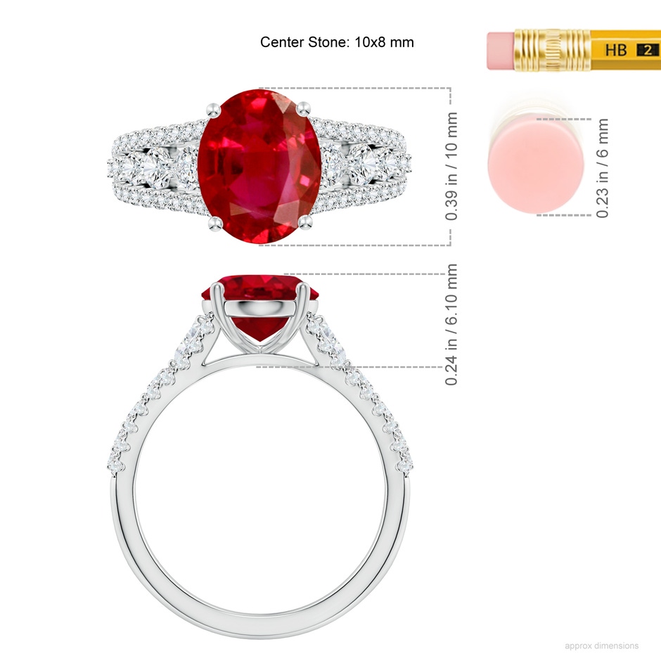 10x8mm AAA Classic Oval Ruby Split Shank Engagement Ring with Accents in White Gold ruler