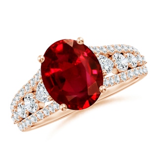 10x8mm AAAA Classic Oval Ruby Split Shank Engagement Ring with Accents in 9K Rose Gold