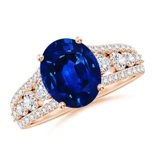 10x8mm AAAA Classic Oval Blue Sapphire Split Shank Engagement Ring with Accents in Rose Gold