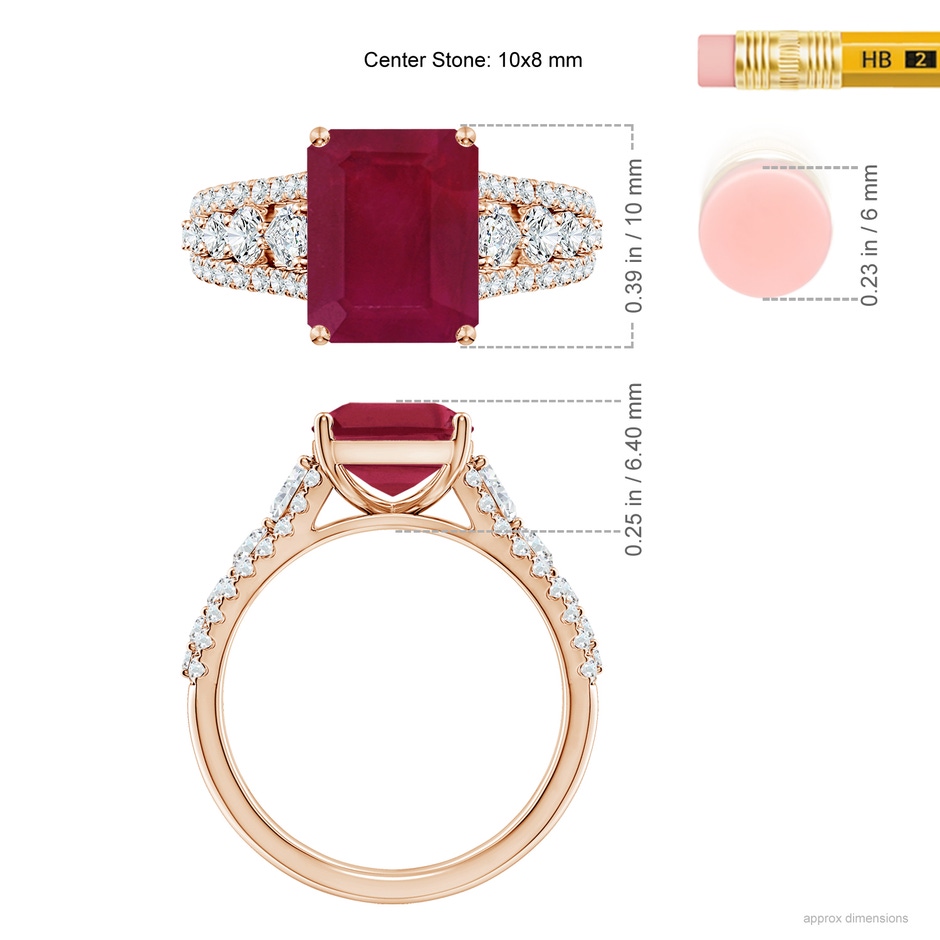 10x8mm A Classic Emerald-Cut Ruby Split Shank Engagement Ring with Accents in Rose Gold ruler