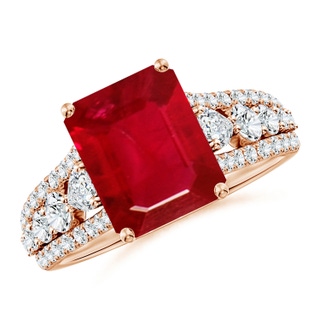 10x8mm AAA Classic Emerald-Cut Ruby Split Shank Engagement Ring with Accents in 10K Rose Gold