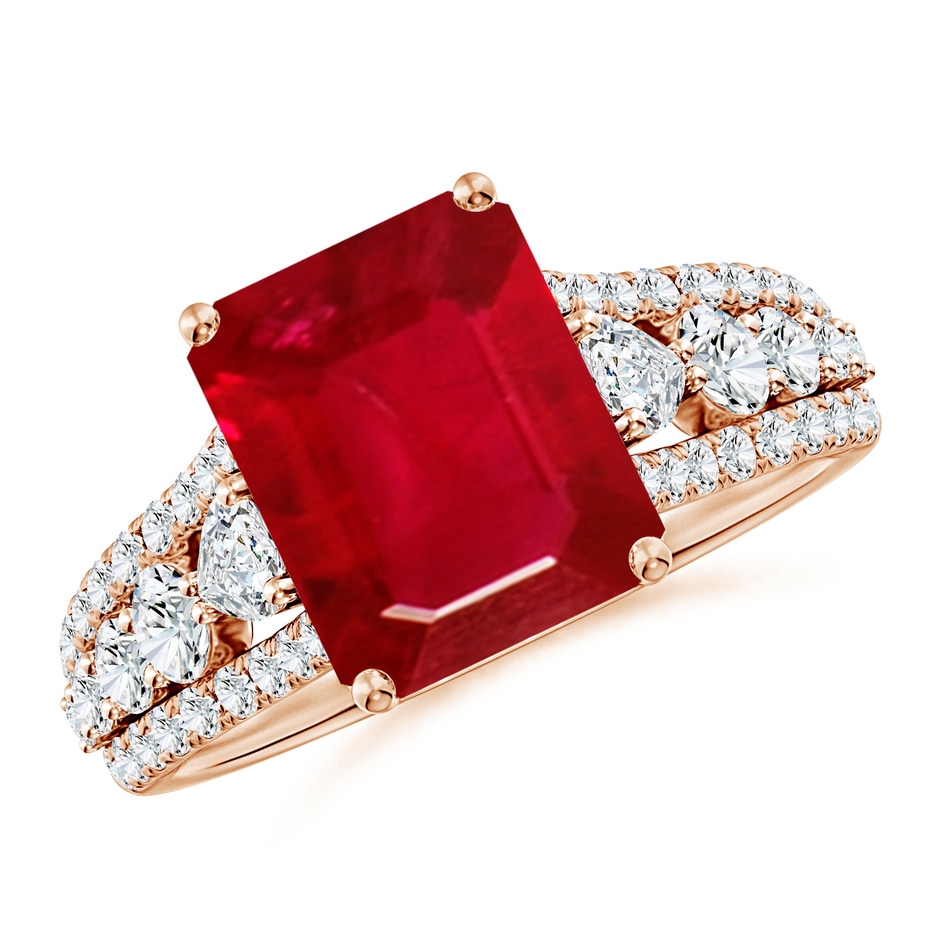 10x8mm AAA Classic Emerald-Cut Ruby Split Shank Engagement Ring with Accents in 18K Rose Gold 