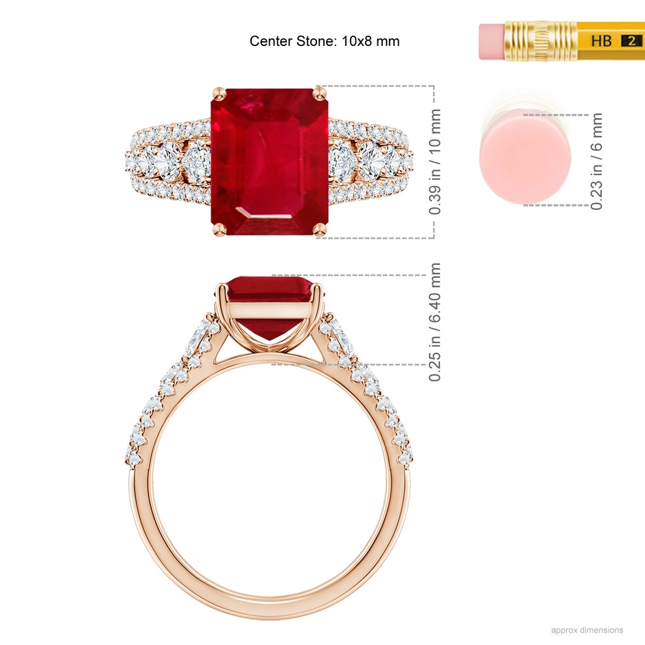 10x8mm AAA Classic Emerald-Cut Ruby Split Shank Engagement Ring with Accents in 18K Rose Gold ruler