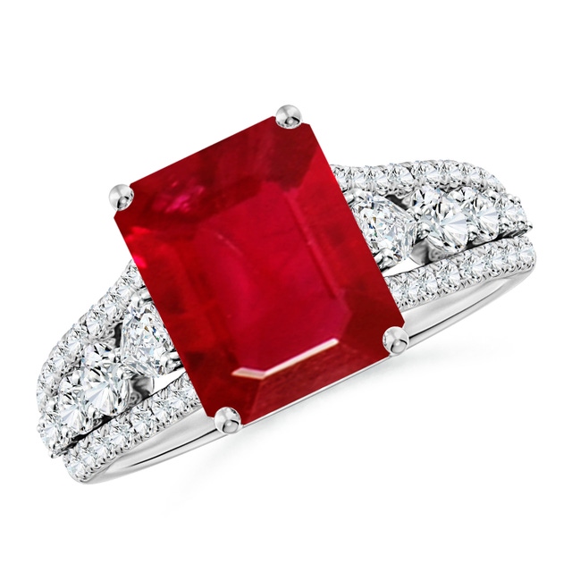 Classic Emerald-Cut Ruby Split Shank Engagement Ring with Accents
