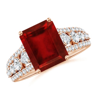 10x8mm AAAA Classic Emerald-Cut Ruby Split Shank Engagement Ring with Accents in 9K Rose Gold