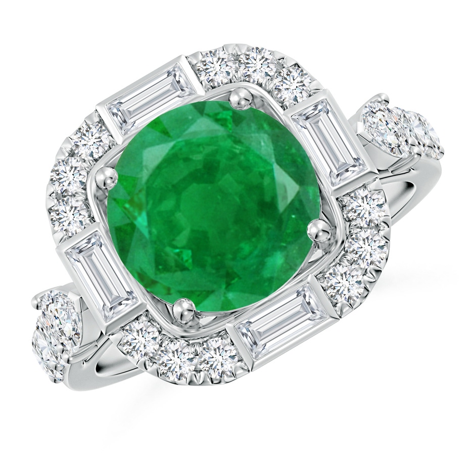 9mm AA Round Emerald Unique Halo Engagement Ring with Accents in White Gold 