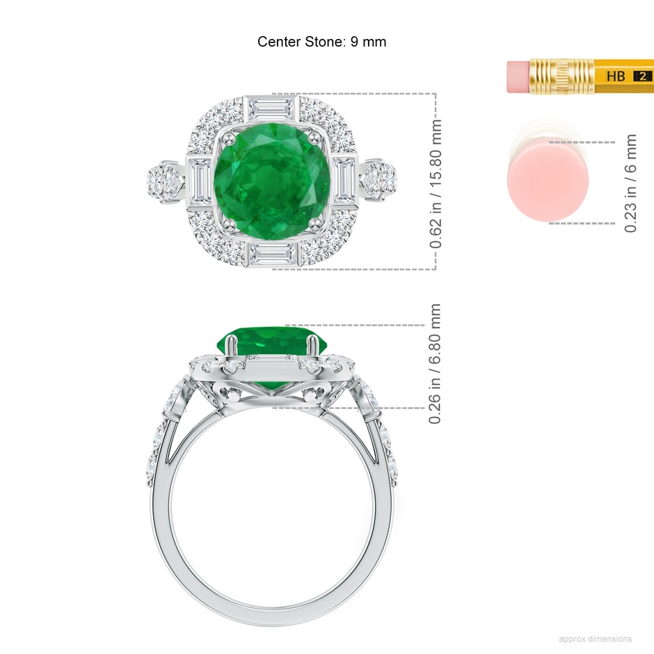 9mm AA Round Emerald Unique Halo Engagement Ring with Accents in White Gold ruler