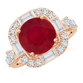 9mm AA Round Ruby Unique Halo Engagement Ring with Accents in 18K Rose Gold