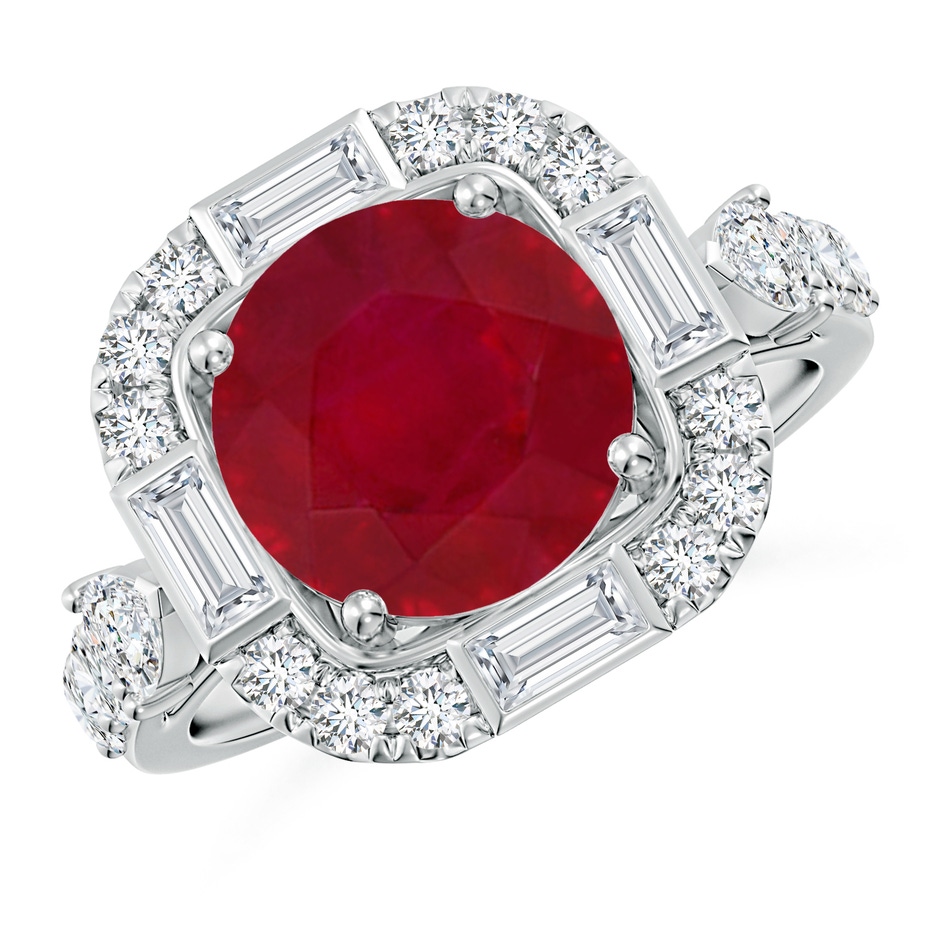 9mm AA Round Ruby Unique Halo Engagement Ring with Accents in White Gold 