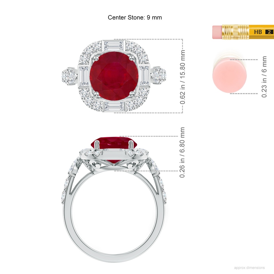 9mm AA Round Ruby Unique Halo Engagement Ring with Accents in White Gold ruler