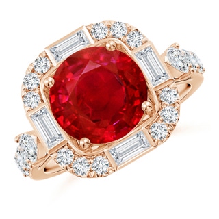 9mm AAA Round Ruby Unique Halo Engagement Ring with Accents in 18K Rose Gold