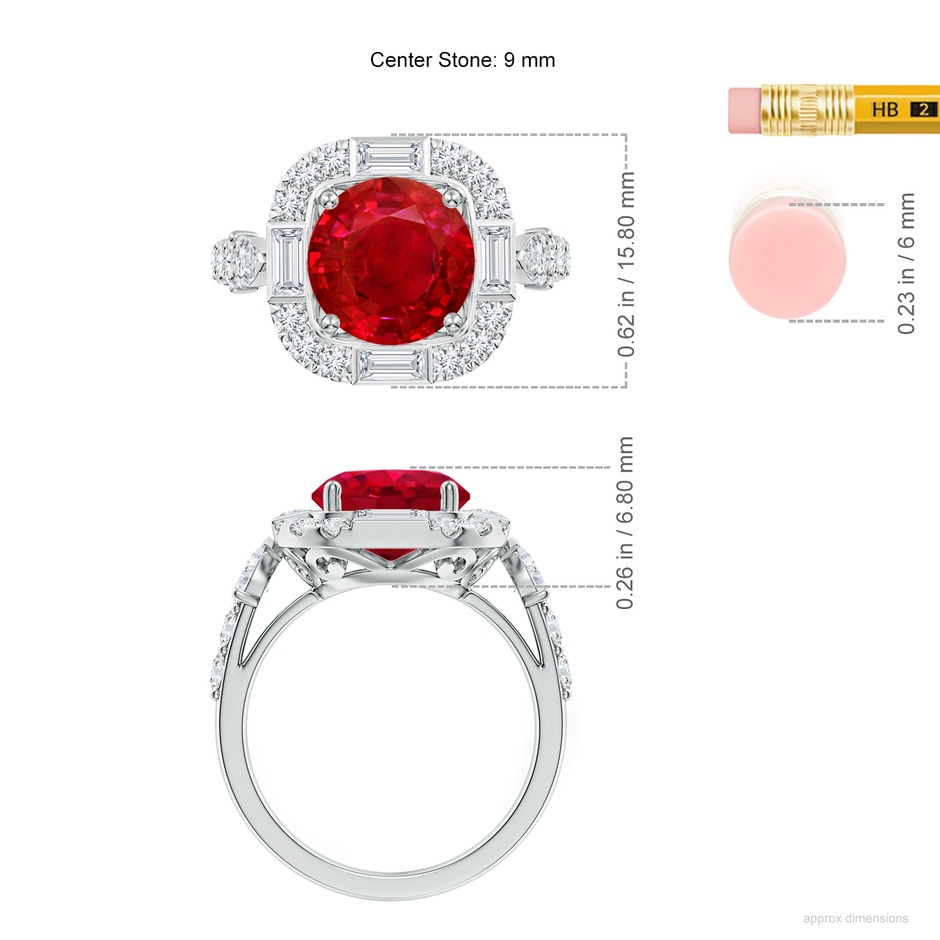 9mm AAA Round Ruby Unique Halo Engagement Ring with Accents in White Gold ruler