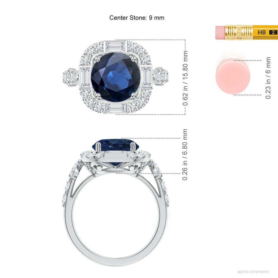 9mm AA Round Blue Sapphire Unique Halo Engagement Ring with Accents in White Gold ruler