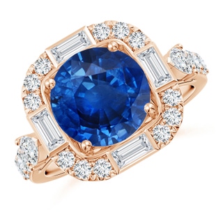 9mm AAA Round Blue Sapphire Unique Halo Engagement Ring with Accents in 9K Rose Gold