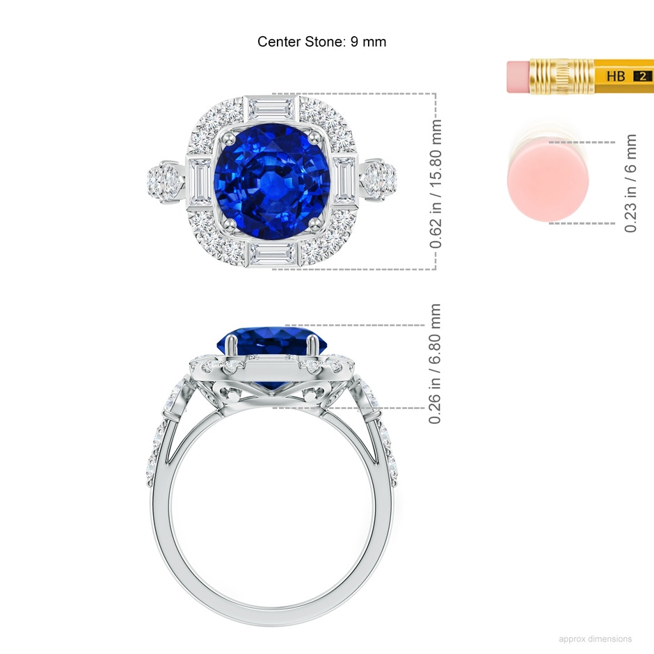 9mm Lab-Grown Round Blue Sapphire Unique Halo Engagement Ring with Accents in P950 Platinum ruler