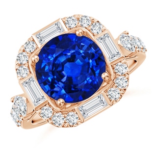 9mm AAAA Round Blue Sapphire Unique Halo Engagement Ring with Accents in Rose Gold