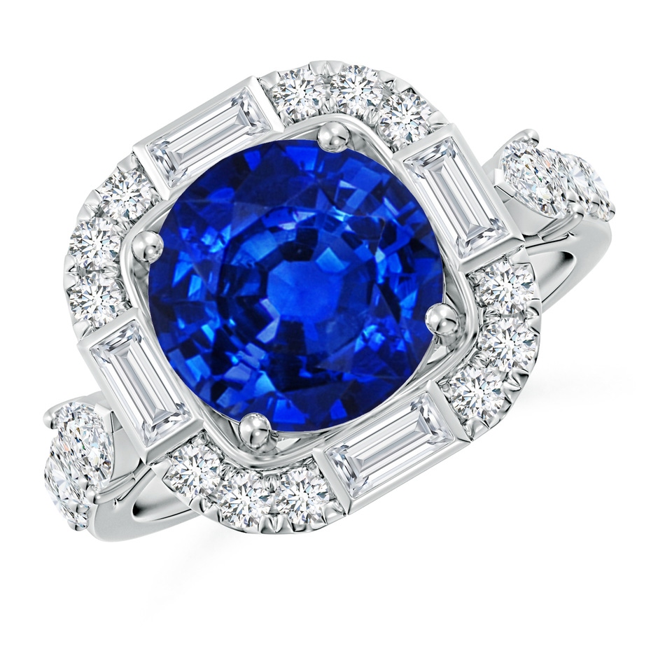 9mm Lab-Grown Round Blue Sapphire Unique Halo Engagement Ring with Accents in White Gold 