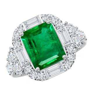 10x8mm AAA Emerald-Cut Emerald Unique Halo Engagement Ring with Accents in P950 Platinum