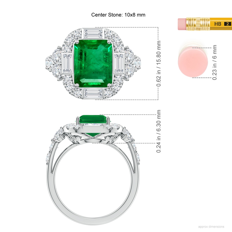 10x8mm AAA Emerald-Cut Emerald Unique Halo Engagement Ring with Accents in White Gold ruler