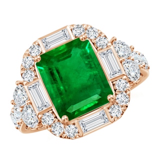 10x8mm AAAA Emerald-Cut Emerald Unique Halo Engagement Ring with Accents in Rose Gold