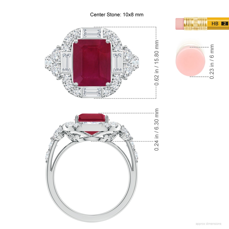 10x8mm A Emerald-Cut Ruby Unique Halo Engagement Ring with Accents in P950 Platinum ruler