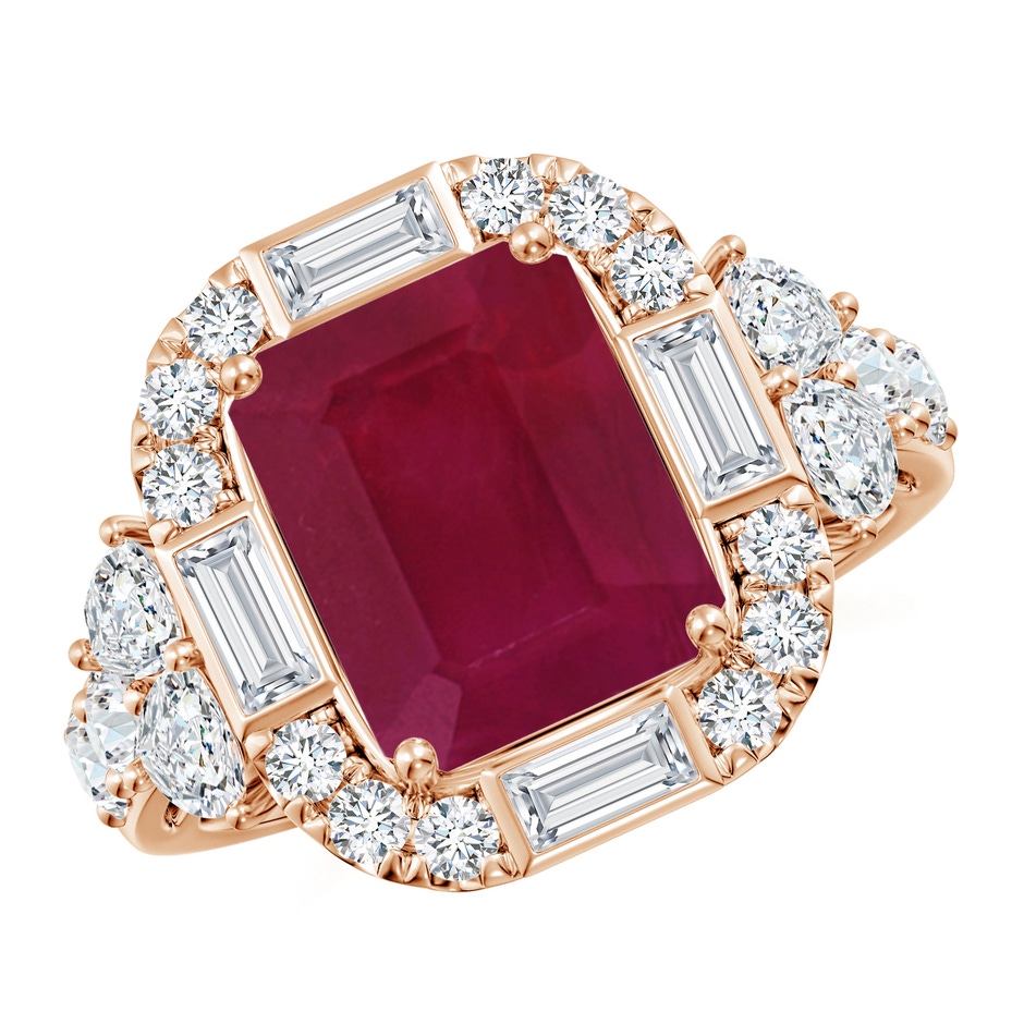10x8mm A Emerald-Cut Ruby Unique Halo Engagement Ring with Accents in Rose Gold 