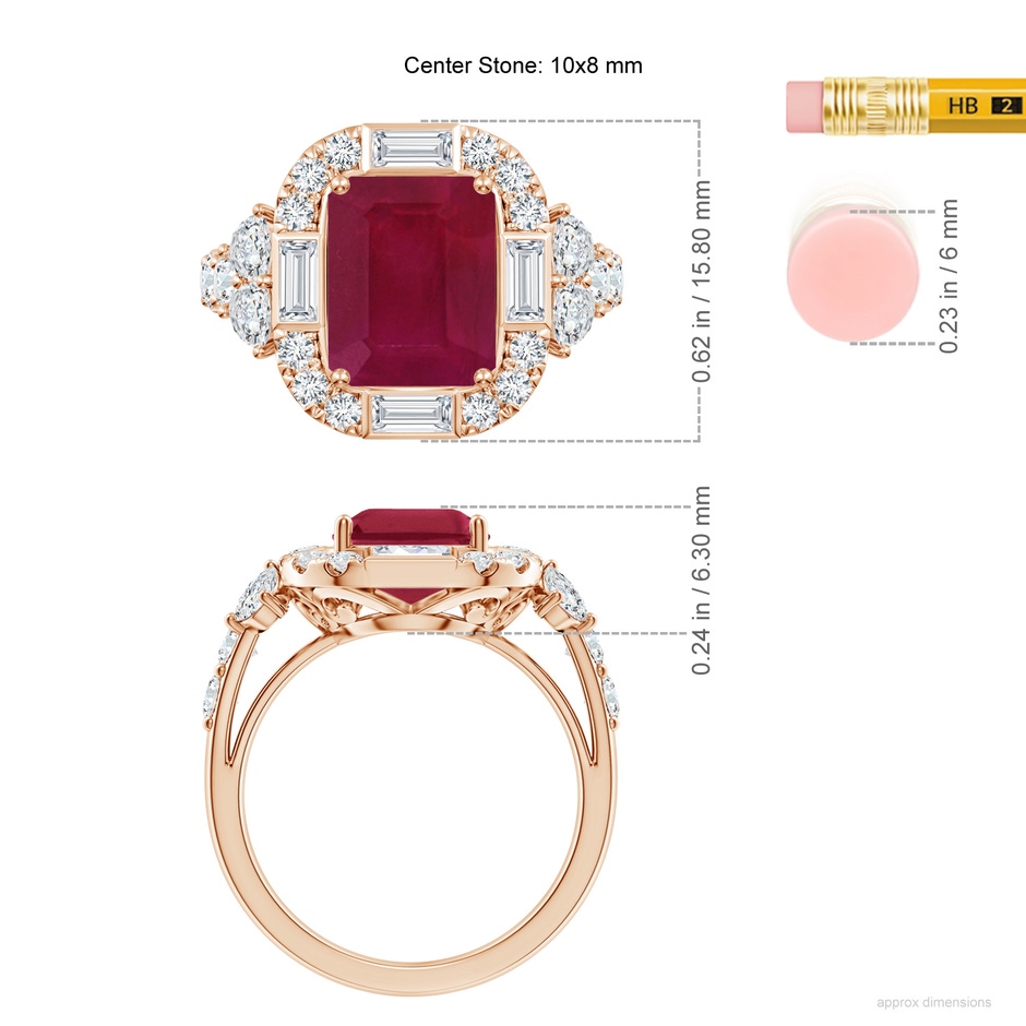10x8mm A Emerald-Cut Ruby Unique Halo Engagement Ring with Accents in Rose Gold ruler
