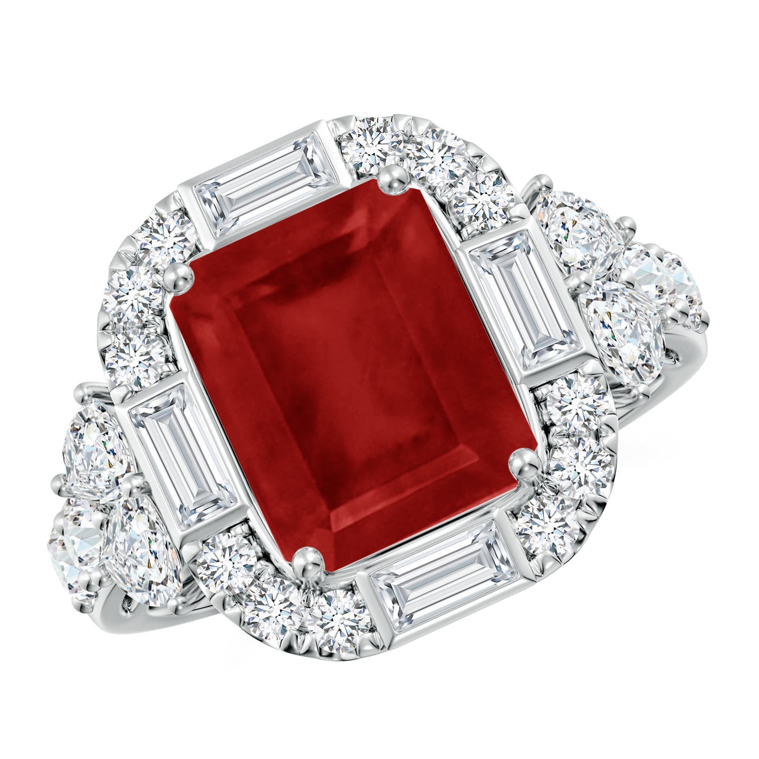 10x8mm AA Emerald-Cut Ruby Unique Halo Engagement Ring with Accents in 18K White Gold