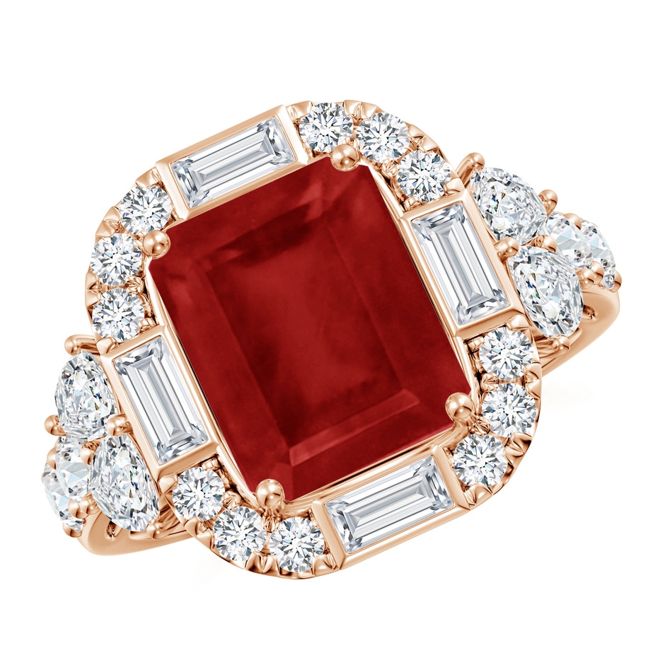 10x8mm AA Emerald-Cut Ruby Unique Halo Engagement Ring with Accents in Rose Gold 