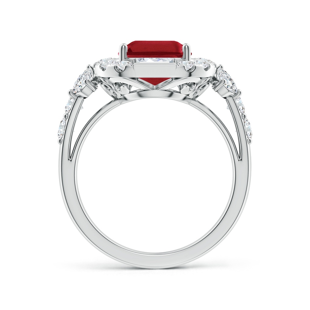 10x8mm AA Emerald-Cut Ruby Unique Halo Engagement Ring with Accents in White Gold - side 199