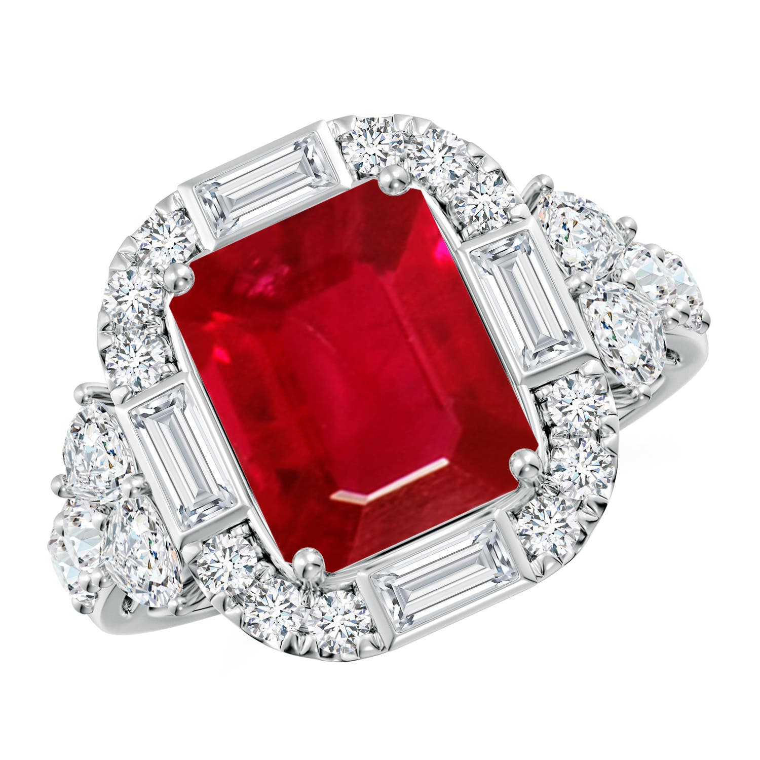 10x8mm AAA Emerald-Cut Ruby Unique Halo Engagement Ring with Accents in 18CT White Gold