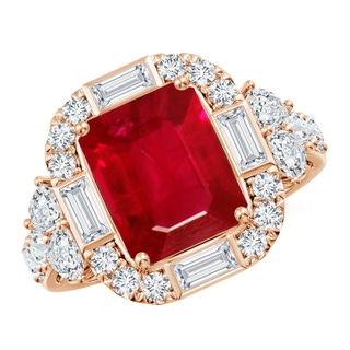 10x8mm AAA Emerald-Cut Ruby Unique Halo Engagement Ring with Accents in Rose Gold