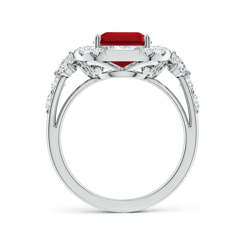 10x8mm AAA Emerald-Cut Ruby Unique Halo Engagement Ring with Accents in White Gold - side 199
