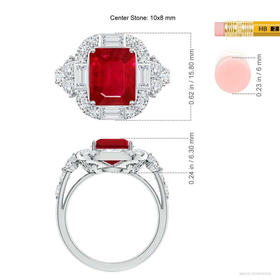 10x8mm AAA Emerald-Cut Ruby Unique Halo Engagement Ring with Accents in White Gold ruler