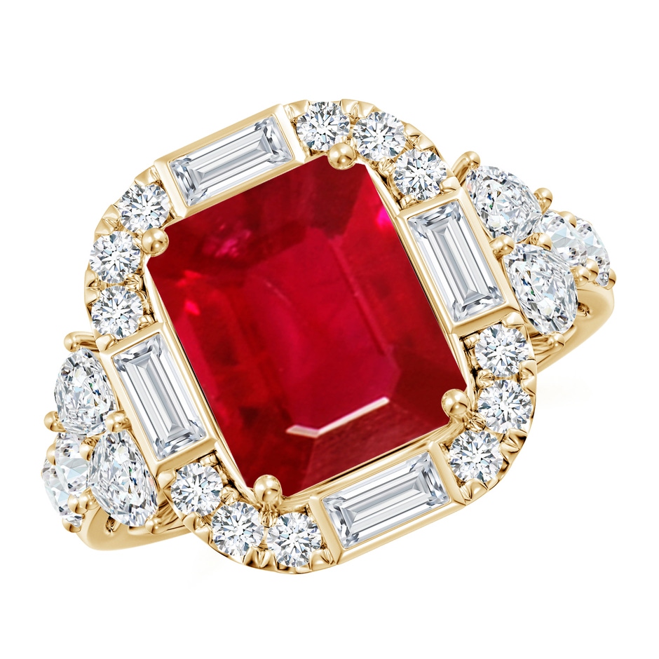 10x8mm AAA Emerald-Cut Ruby Unique Halo Engagement Ring with Accents in Yellow Gold 