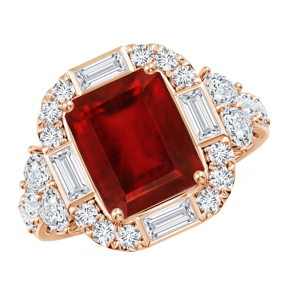 10x8mm AAAA Emerald-Cut Ruby Unique Halo Engagement Ring with Accents in 18K Rose Gold 