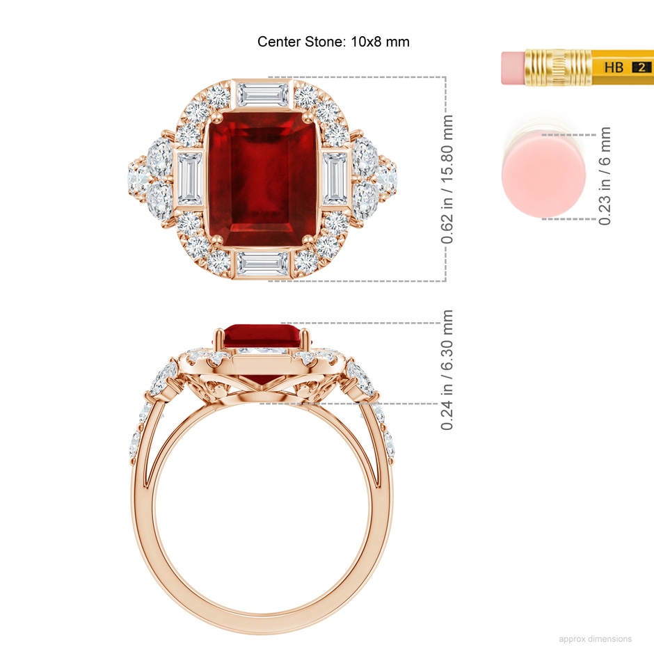 10x8mm AAAA Emerald-Cut Ruby Unique Halo Engagement Ring with Accents in 18K Rose Gold ruler