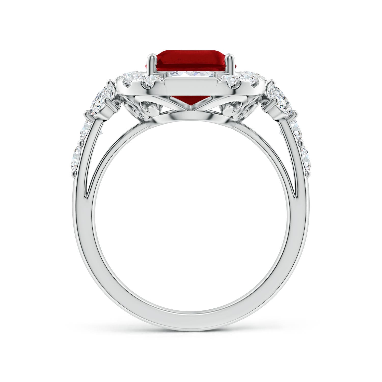 10x8mm AAAA Emerald-Cut Ruby Unique Halo Engagement Ring with Accents in P950 Platinum
