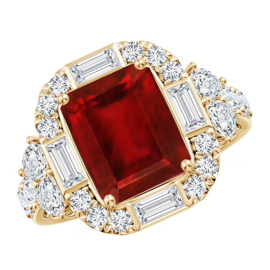 10x8mm AAAA Emerald-Cut Ruby Unique Halo Engagement Ring with Accents in Yellow Gold 