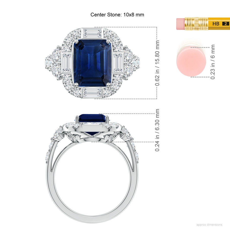 10x8mm AAA Emerald-Cut Blue Sapphire Unique Halo Engagement Ring with Accents in White Gold ruler