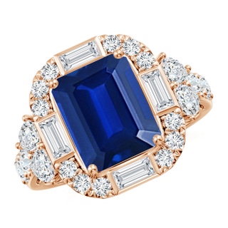 10x8mm AAAA Emerald-Cut Blue Sapphire Unique Halo Engagement Ring with Accents in 9K Rose Gold