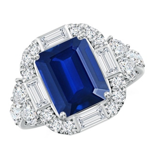 10x8mm AAAA Emerald-Cut Blue Sapphire Unique Halo Engagement Ring with Accents in P950 Platinum