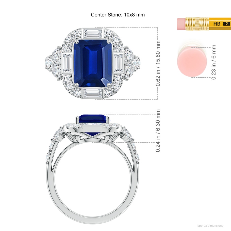 10x8mm Lab-Grown Emerald-Cut Blue Sapphire Unique Halo Engagement Ring with Accents in White Gold ruler