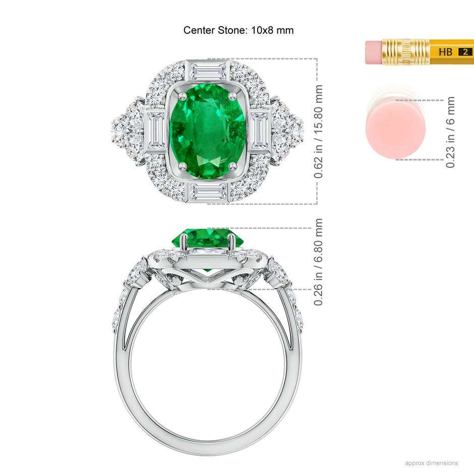 10x8mm AAA Oval Emerald Unique Halo Engagement Ring with Accents in White Gold ruler