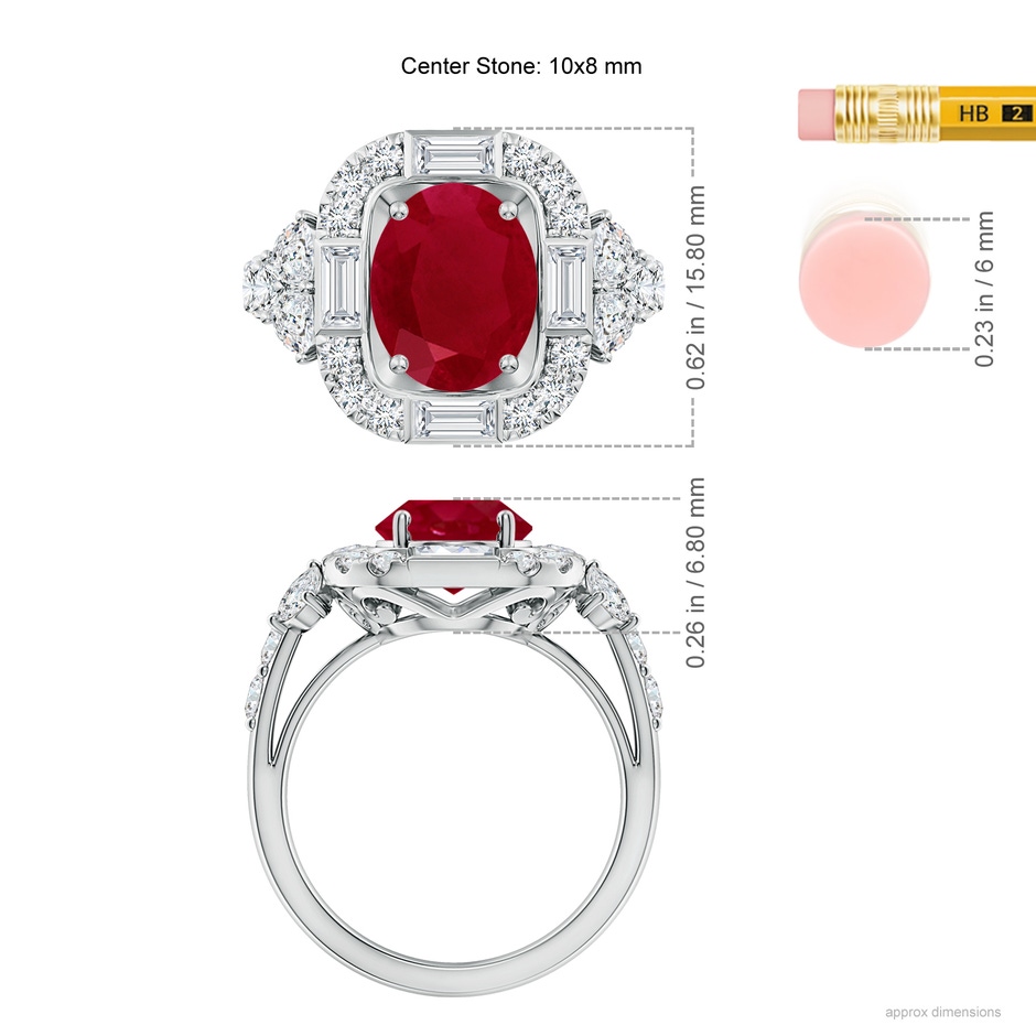 10x8mm AA Oval Ruby Unique Halo Engagement Ring with Accents in White Gold ruler