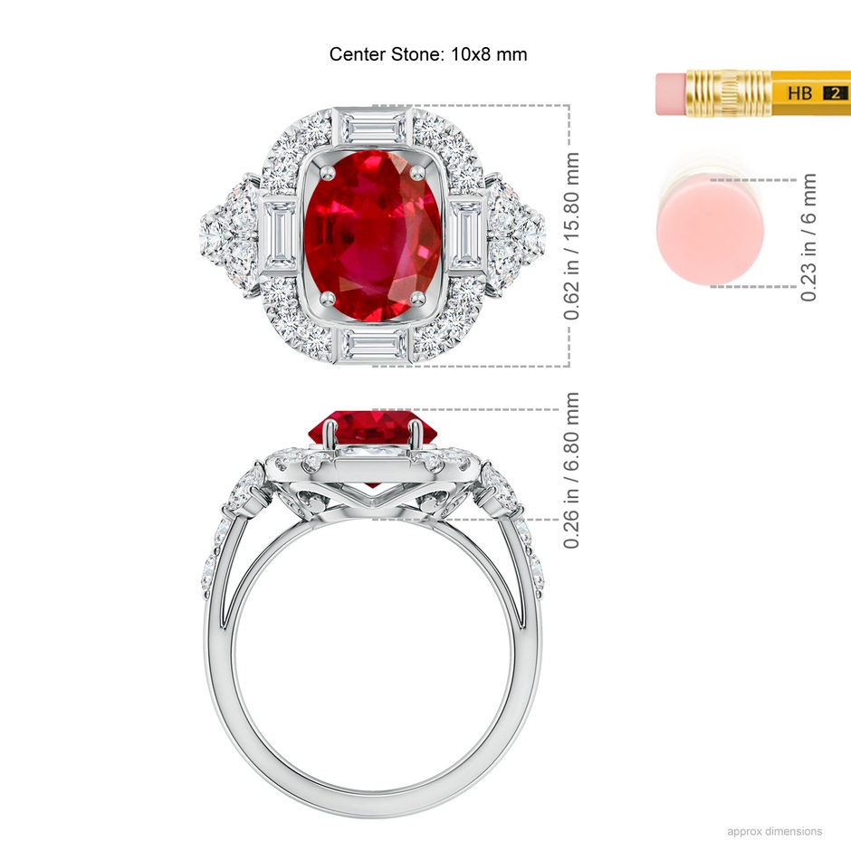 10x8mm AAA Oval Ruby Unique Halo Engagement Ring with Accents in White Gold ruler