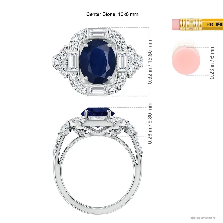 10x8mm A Oval Blue Sapphire Unique Halo Engagement Ring with Accents in White Gold ruler