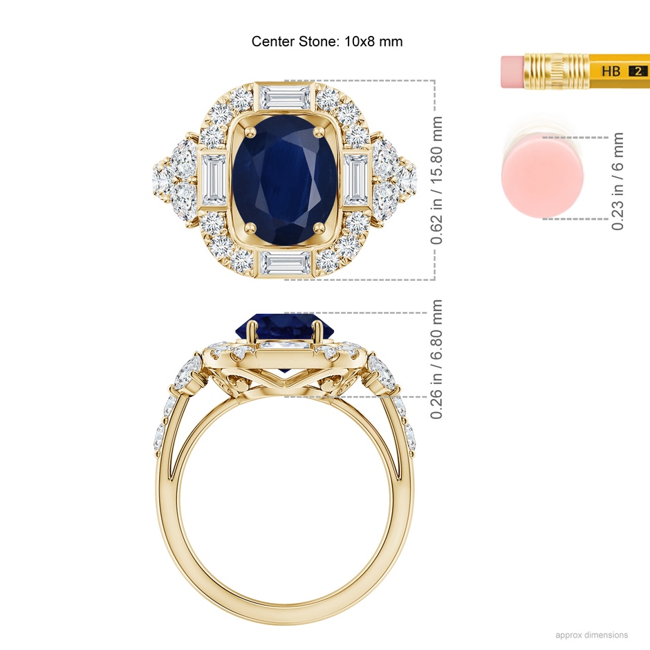 10x8mm A Oval Blue Sapphire Unique Halo Engagement Ring with Accents in Yellow Gold ruler