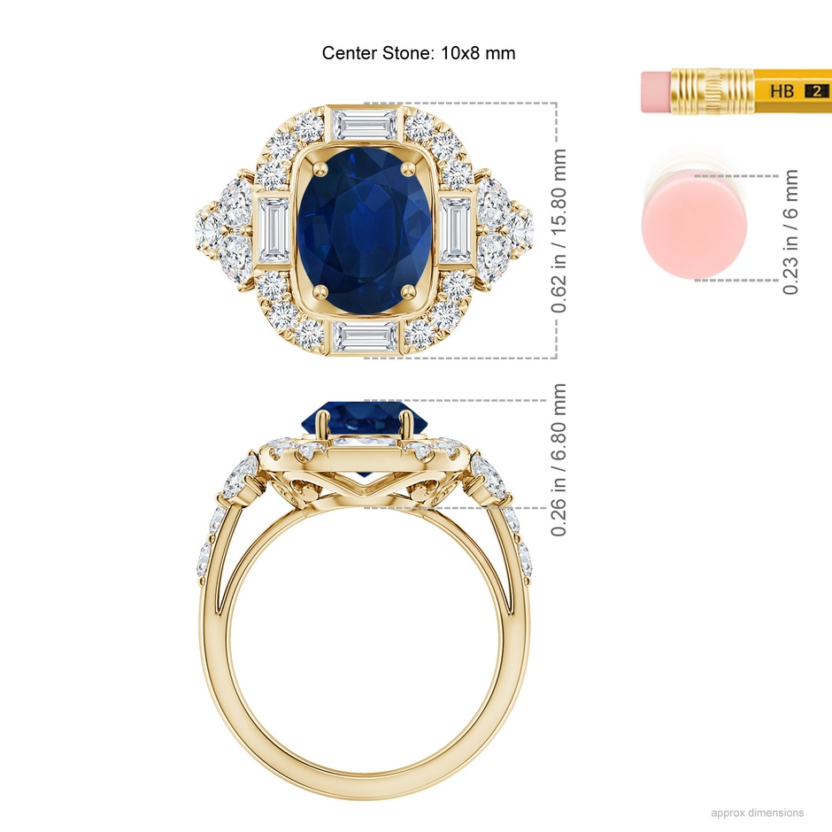 10x8mm AA Oval Blue Sapphire Unique Halo Engagement Ring with Accents in Yellow Gold ruler