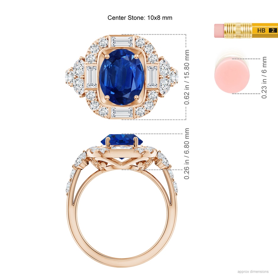 10x8mm AAA Oval Blue Sapphire Unique Halo Engagement Ring with Accents in Rose Gold ruler